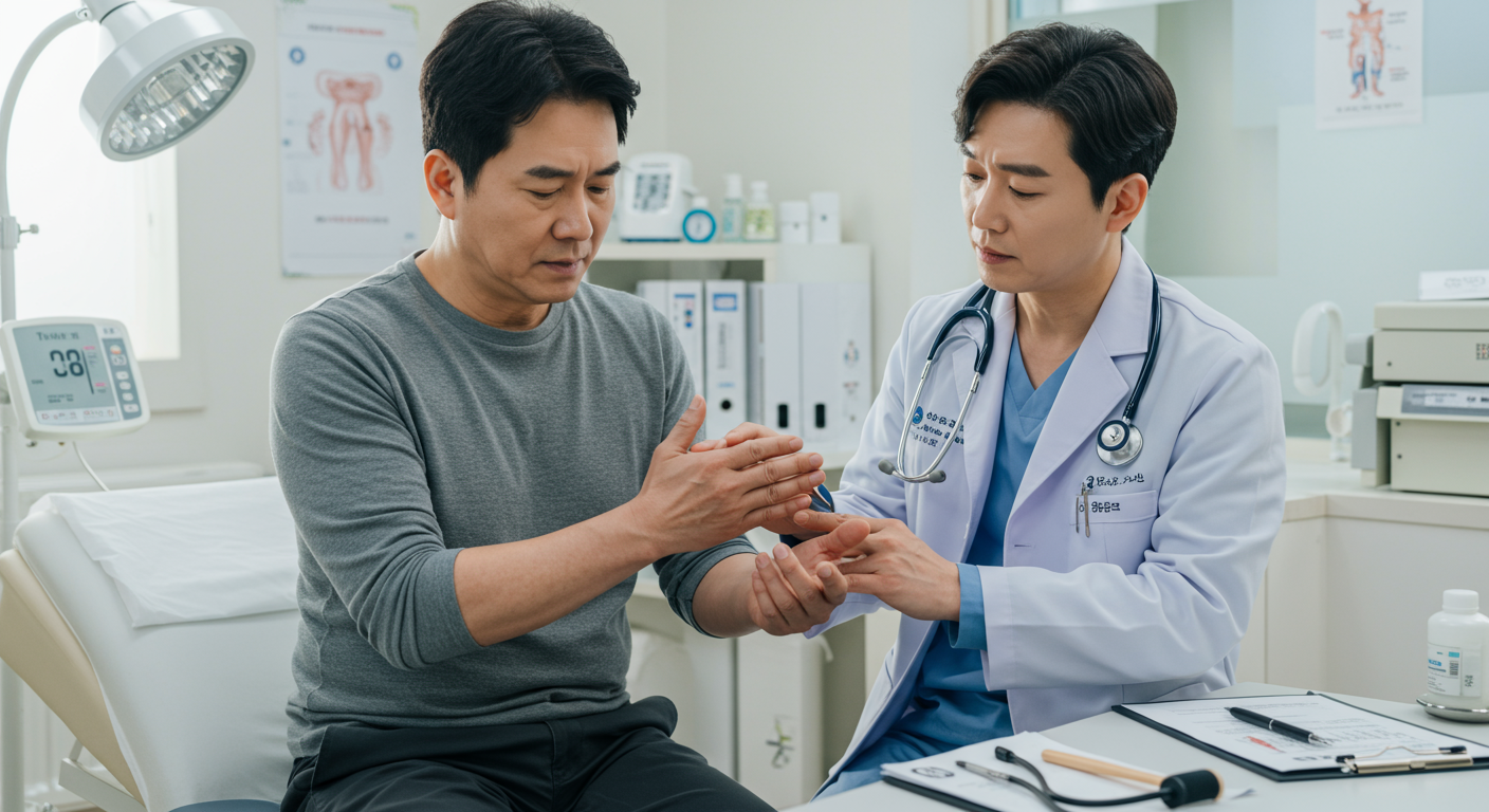 진료실에서 한 손 떨림을 검사받는 환자와 이를 자세히 관찰하는 의사