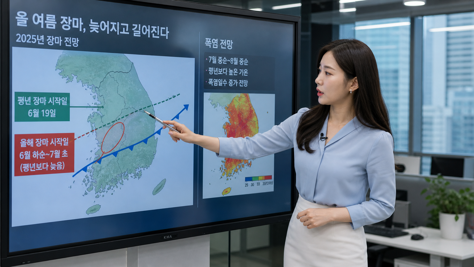 기상청 직원이 장마와 폭염 예보를 설명하는 모습