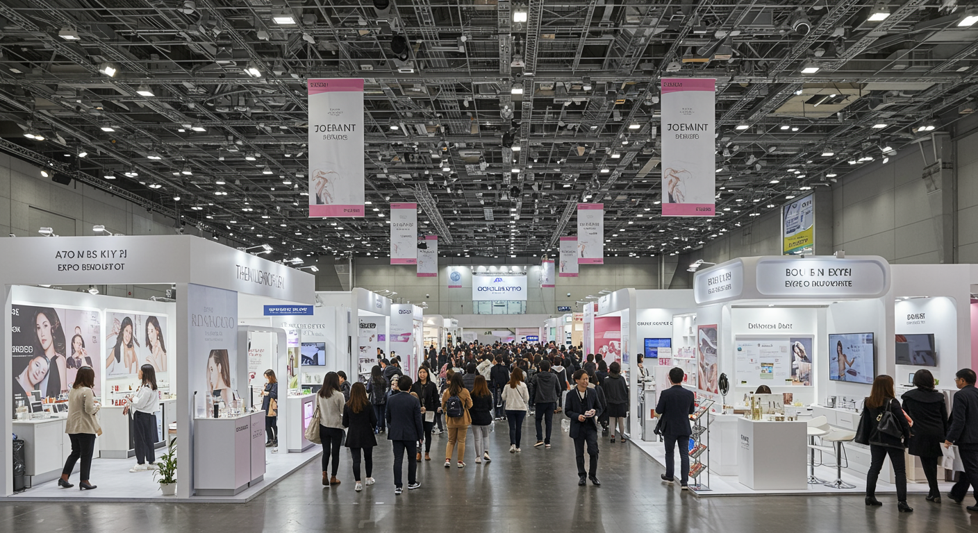 서울 코엑스 전시장에서 진행되는 현대적인 뷰티 산업 박람회의 모습