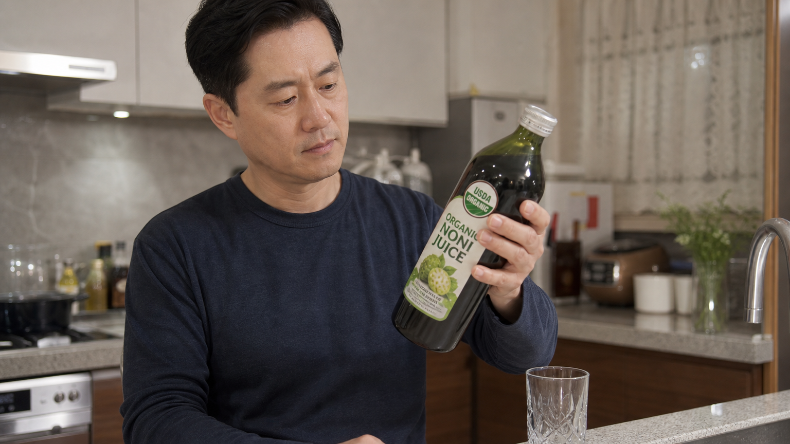 집에서 유기농 인증 마크가 있는 노니 주스를 확인하는 남성