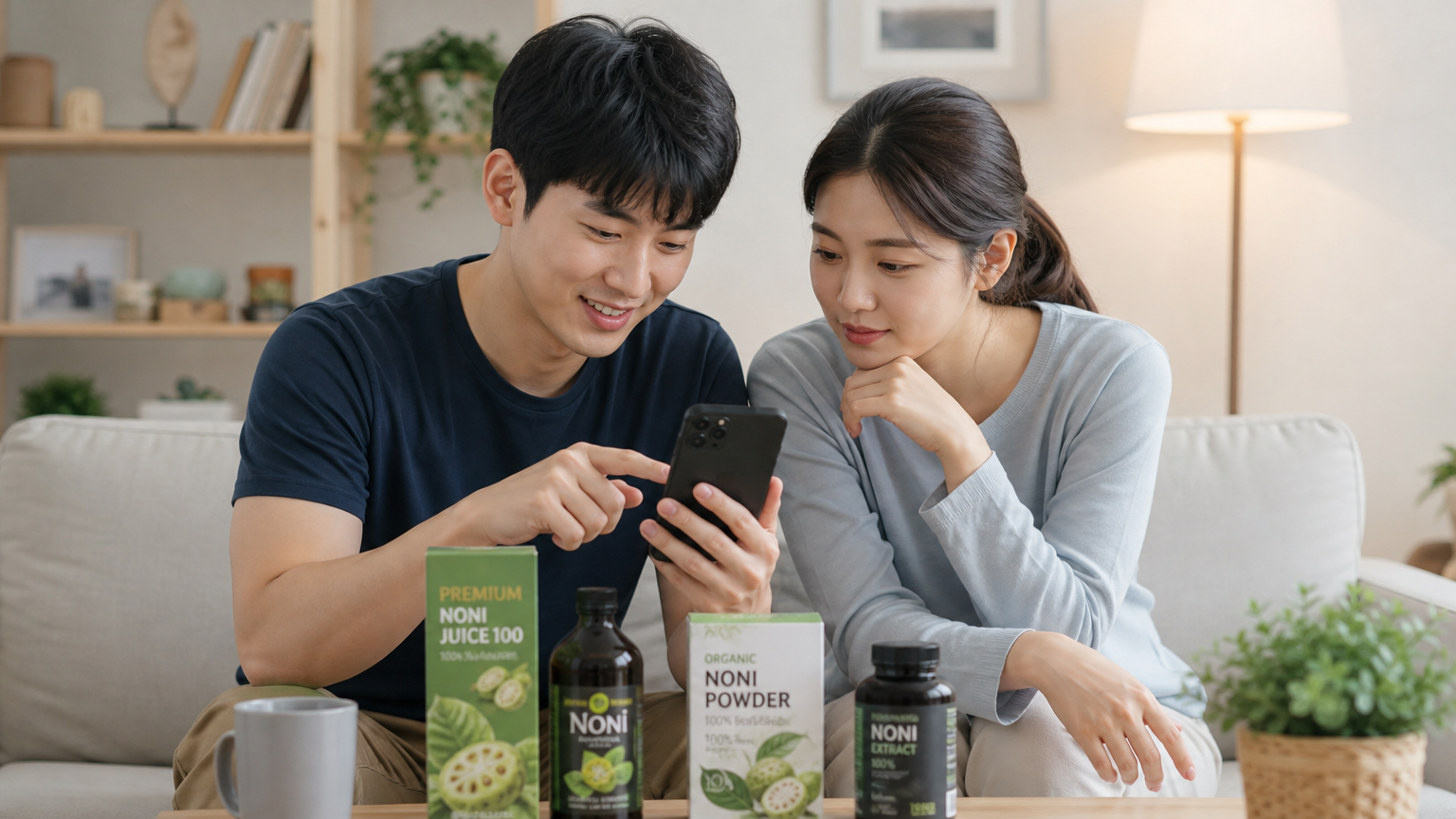 온라인으로 다양한 노니 제품의 가격을 비교하는 젊은 커플