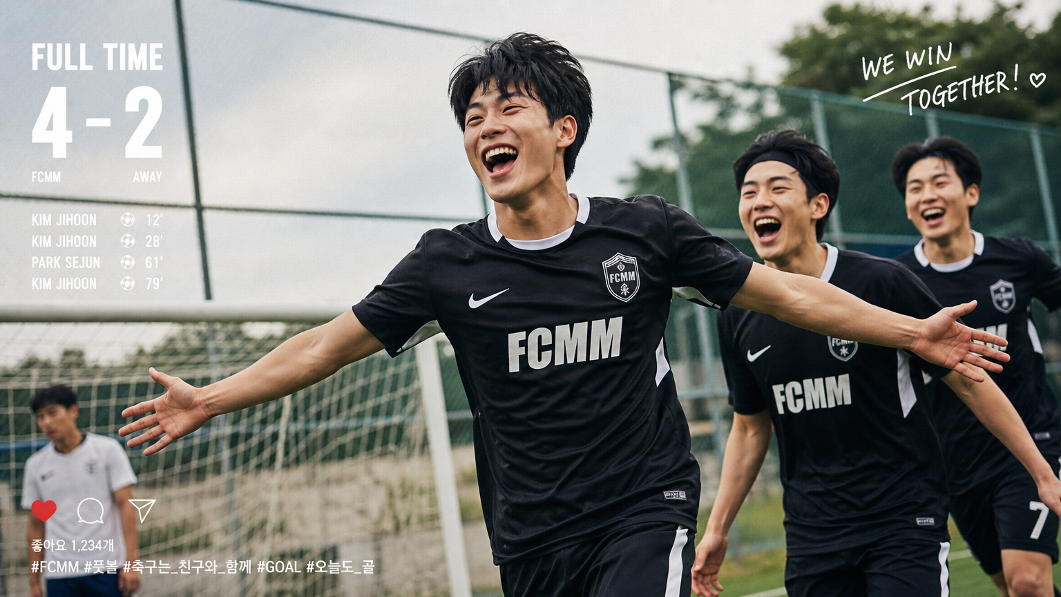 아마추어 축구 경기에서 골을 넣고 기뻐하는 청년