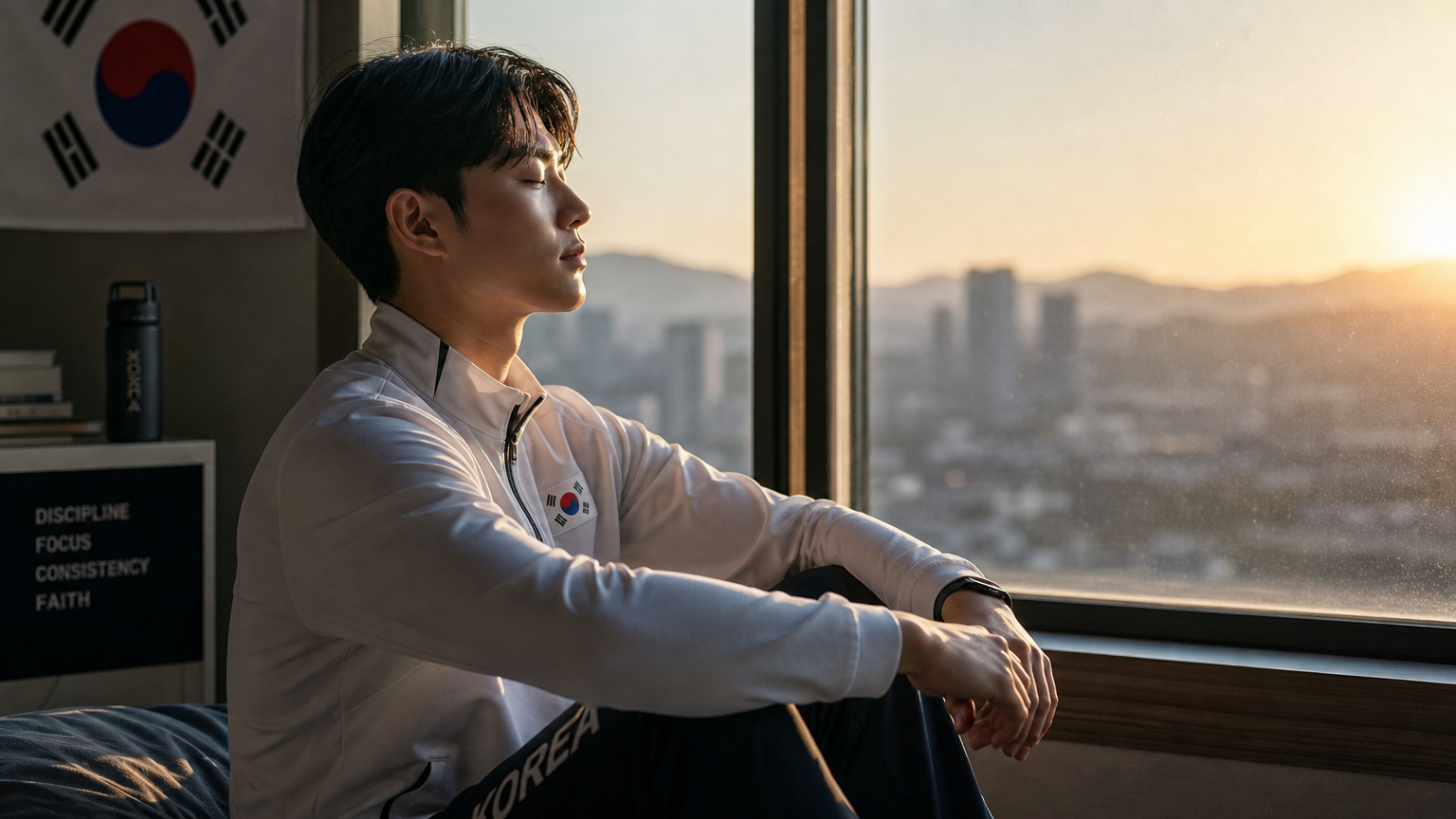 아침 햇살 속 창가에서 명상하며 집중력을 기르는 젊은 운동선수