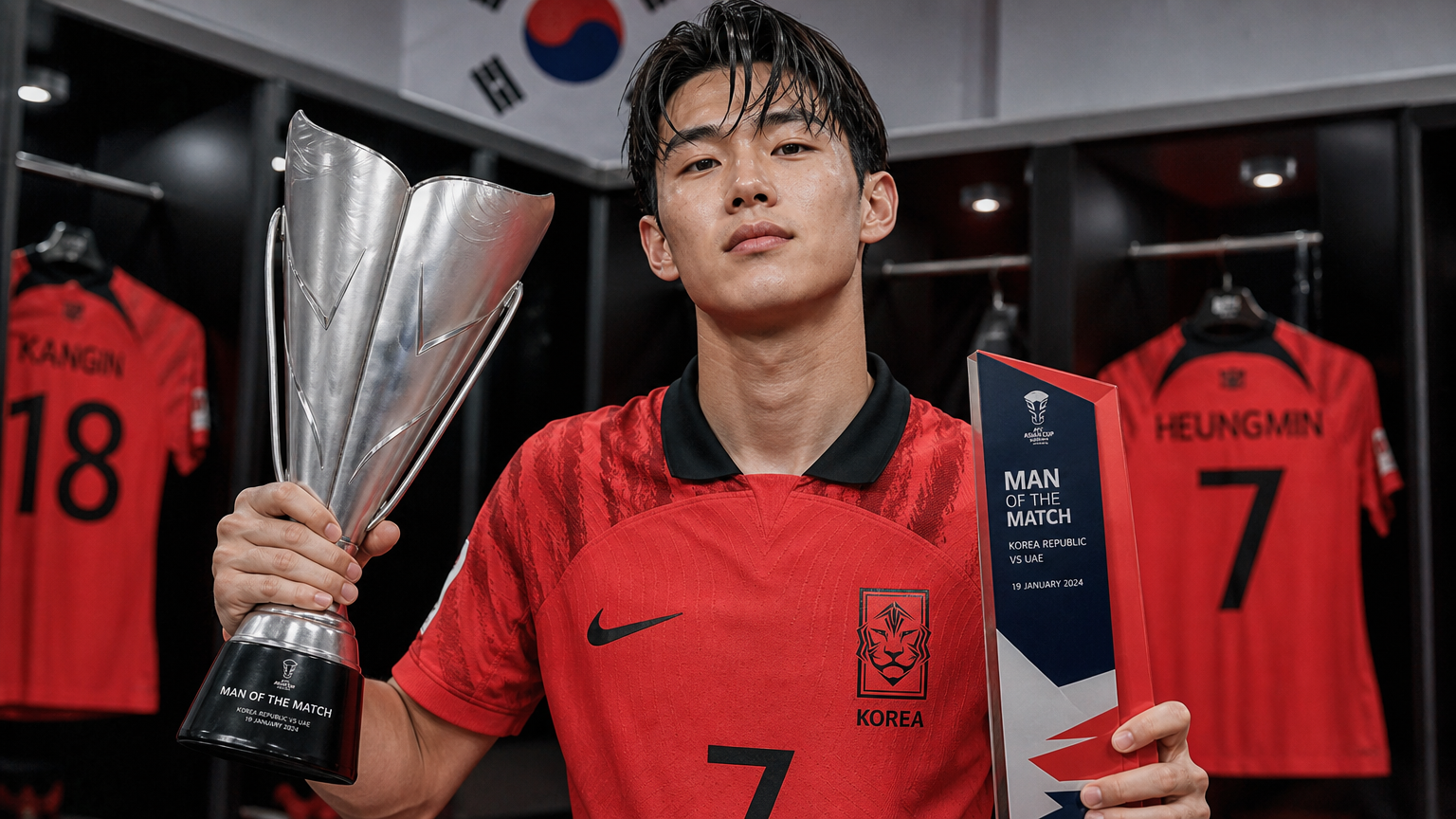 트로피를 들고 결연한 표정을 짓고 있는 젊은 축구 선수