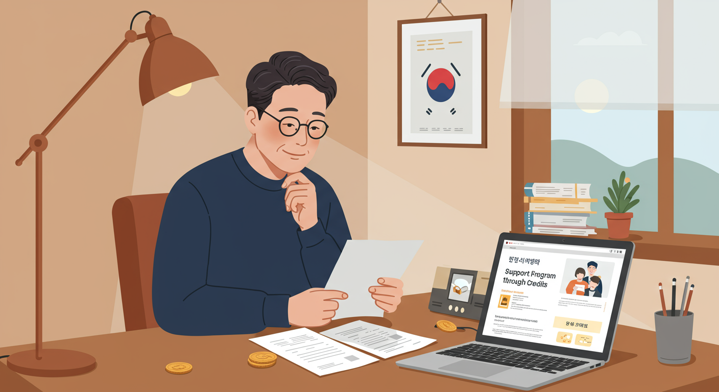 작은 사무실에서 재정 서류를 검토하는 현대적이고 친근한 소규모 사업자의 모습, 정부 지원금의 도움을 받는 장면