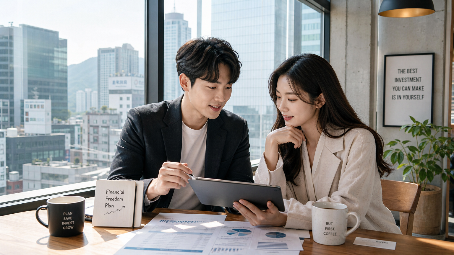 도시 카페에서 금융 계획을 논의하는 젊은 직장인들의 모습