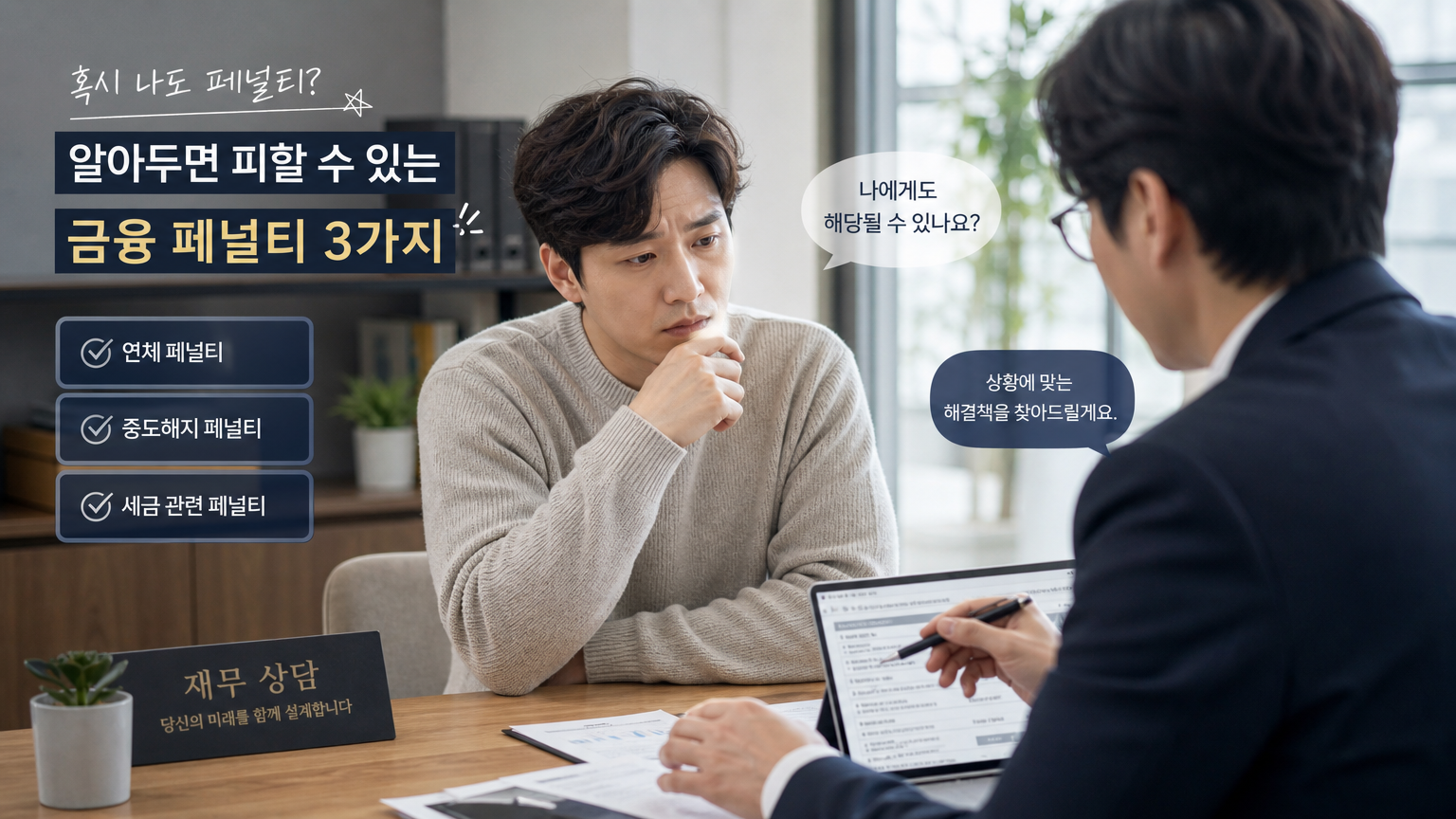 사무실 책상에서 재정 상담가와 함께 잠재적인 벌칙에 대해 상담하는 한국인