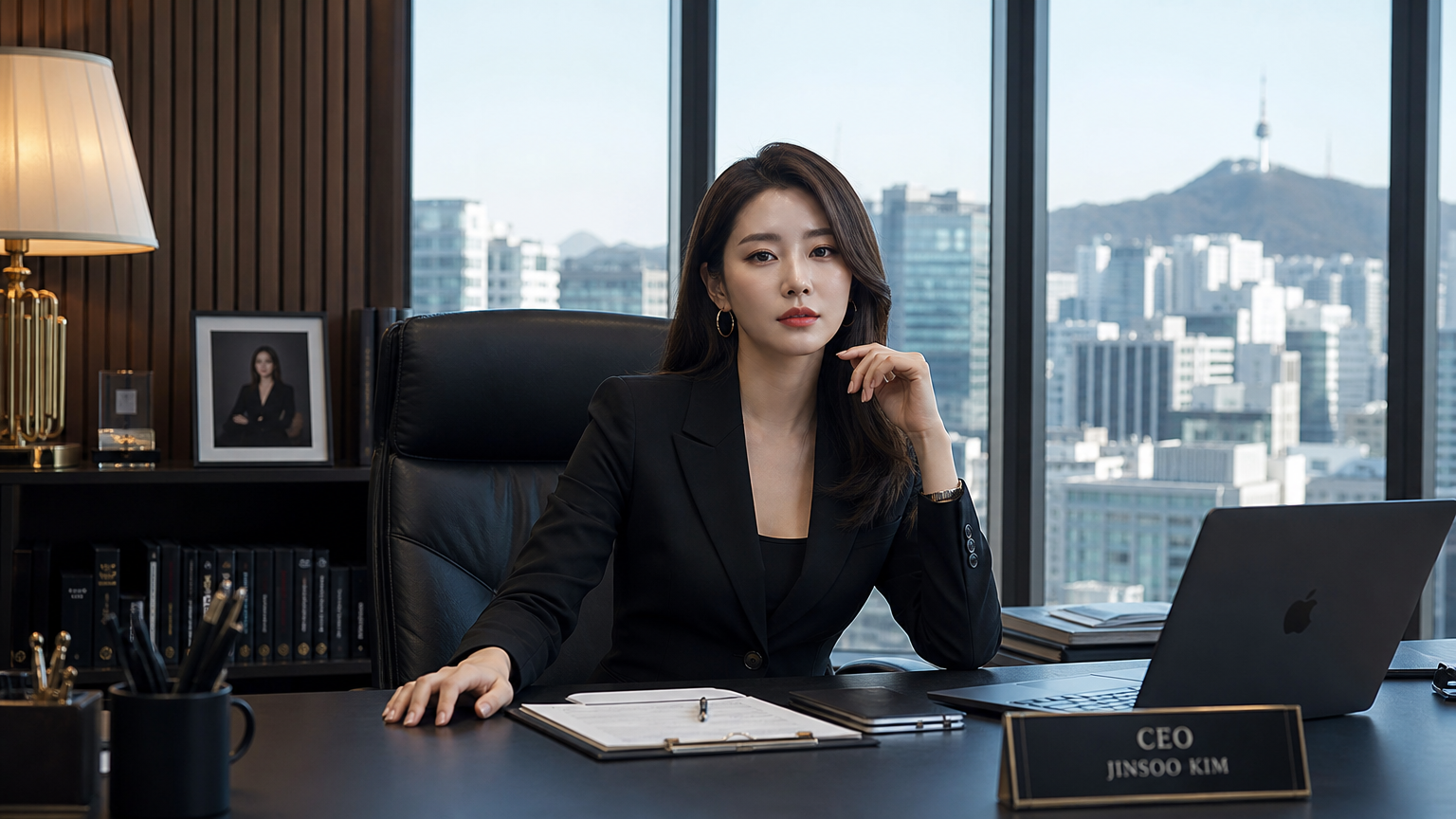 대도시 전경이 보이는 사무실에서 자신감 있는 젊은 여성 경영자가 책상에 앉아 있는 모습