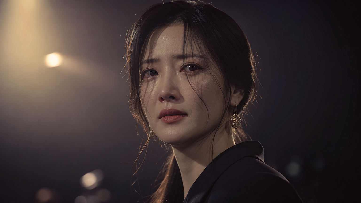 무대 조명 아래서 교묘함과 연약함을 동시에 표현하는 한국 여배우의 드라마틱한 모습