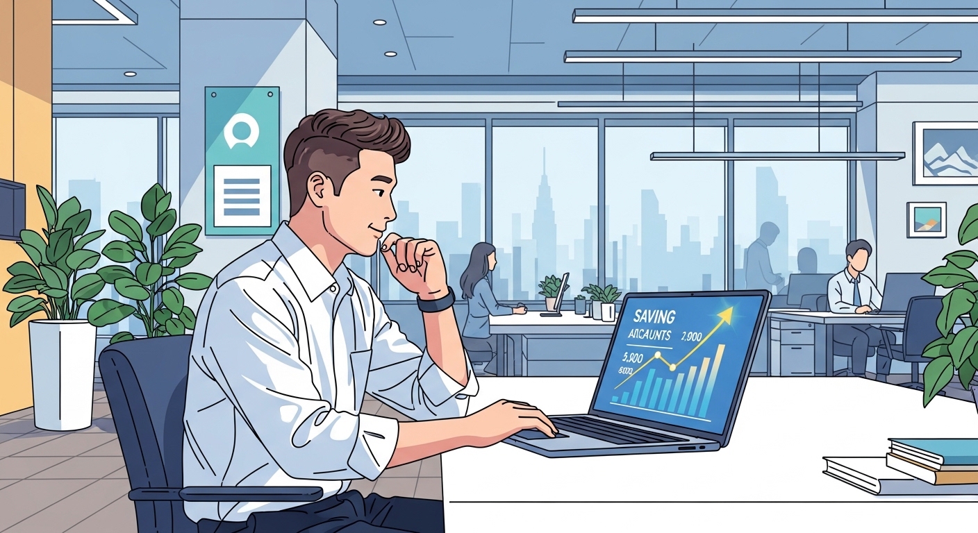 젊은 직장인이 사무실에서 노트북으로 저축 계좌를 확인하는 모습