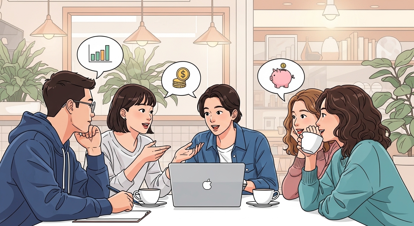 다양한 배경의 젊은이들이 카페에서 금융 계획에 대해 토론하는 장면