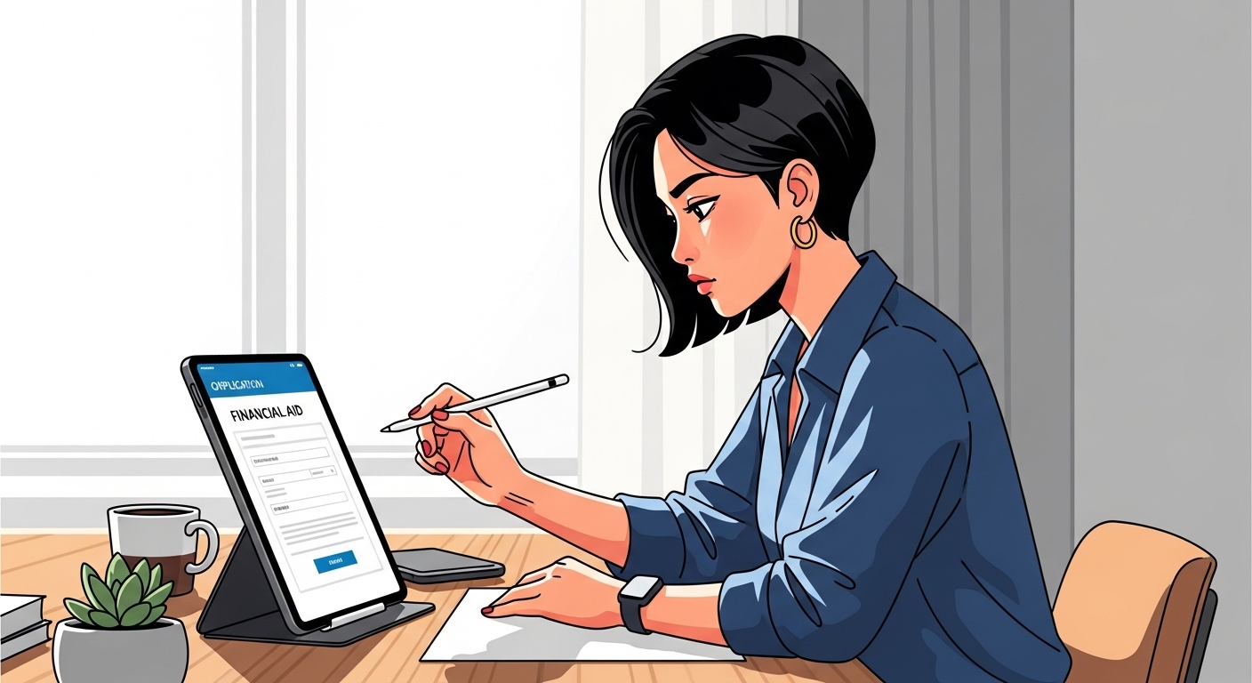 온라인으로 재정 지원 신청서를 작성 중인 집중한 젊은 성인의 모습