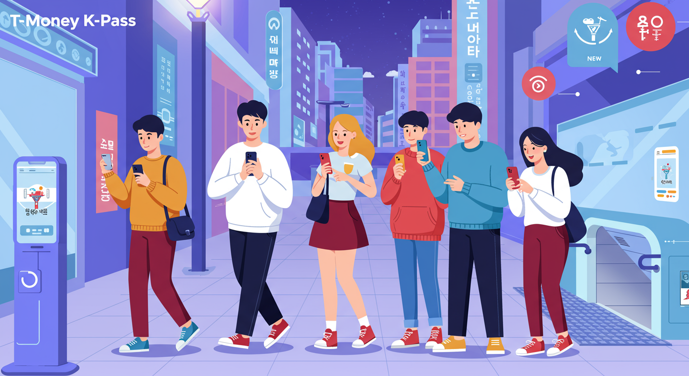 젊은 사람들이 아이폰으로 티머니 K패스 혜택을 확인하는 모습