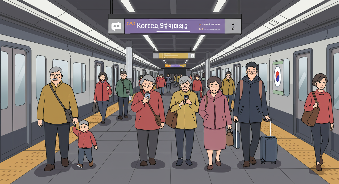스마트폰을 든 다양한 사람들이 지하철 플랫폼에 있는 장면
