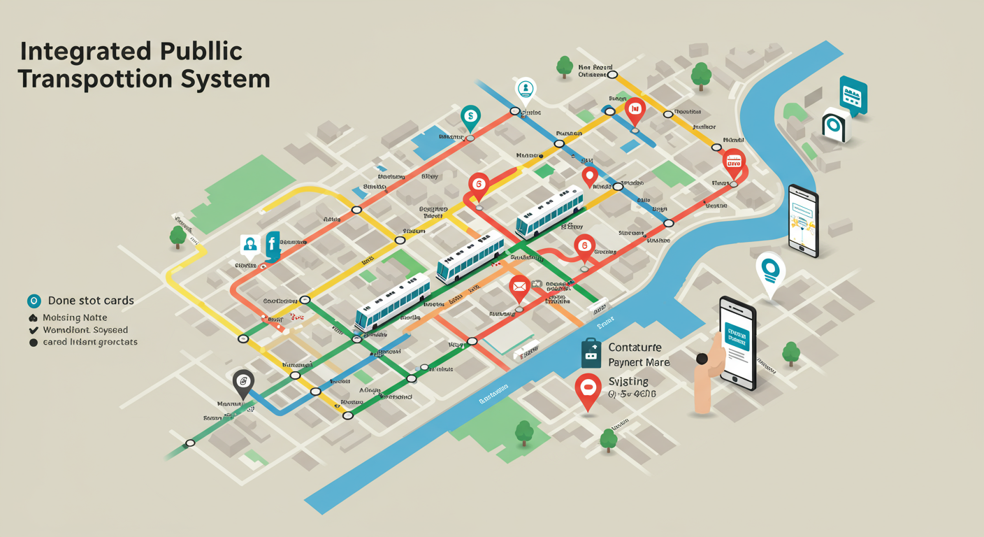버스 및 지하철과 디지털 결제 아이콘이 있는 통합 교통 시스템 지도