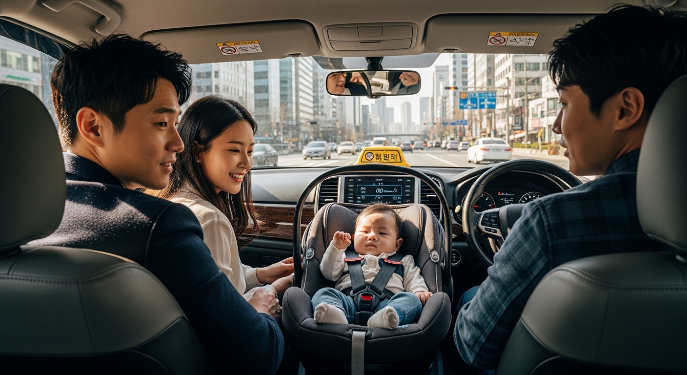 서울 도시 배경으로 카시트가 장착된 택시에 아기와 함께 타고 있는 현대적 한국 가족 모습