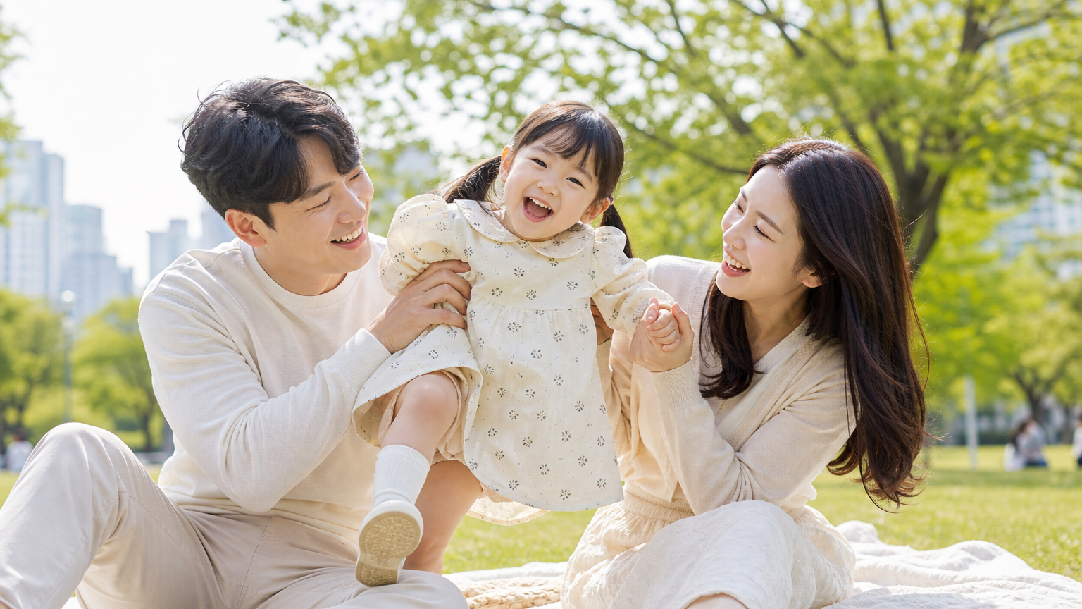 공원에서 즐거운 시간을 보내는 웃고 있는 한국 가족의 모습