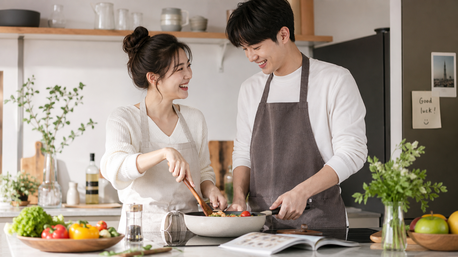 현대적인 주방에서 요리를 하며 웃고 있는 한국 커플