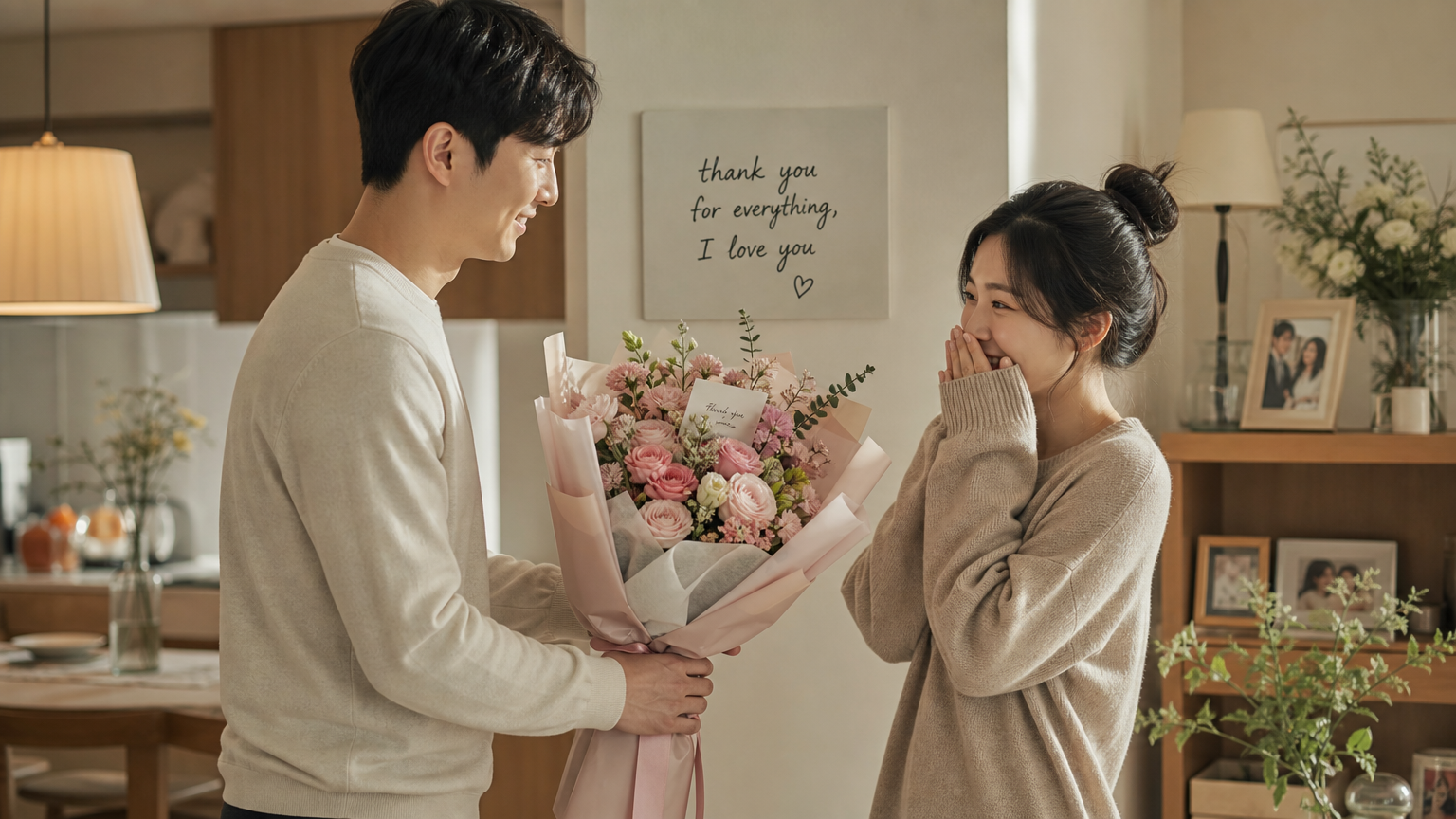 집에서 꽃으로 감사를 표현하는 한국 남편과 아내