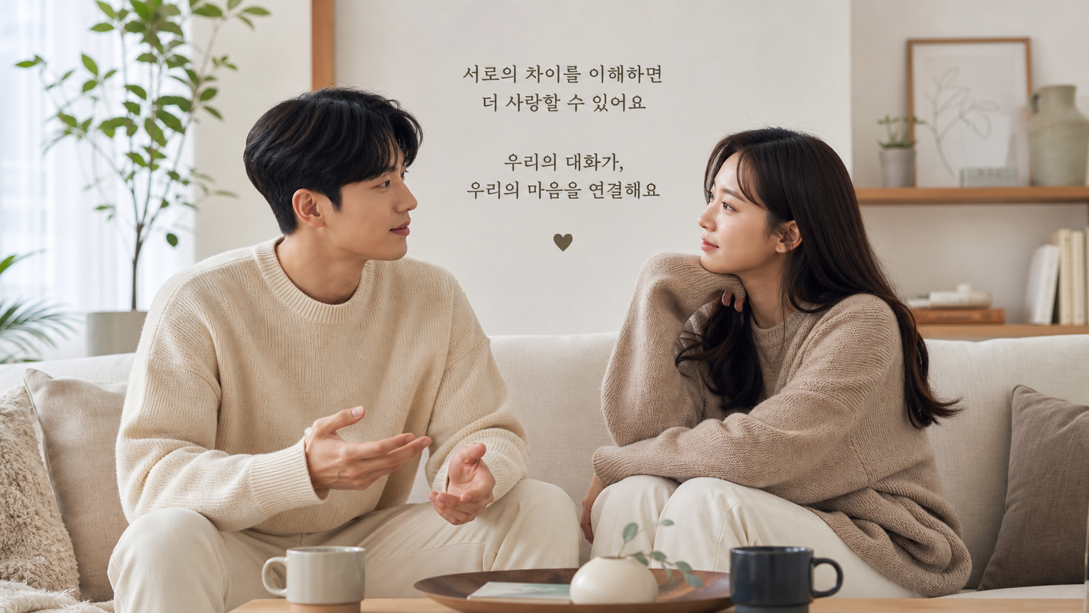 소파에 앉아 차분히 갈등을 해결하려는 한국 커플