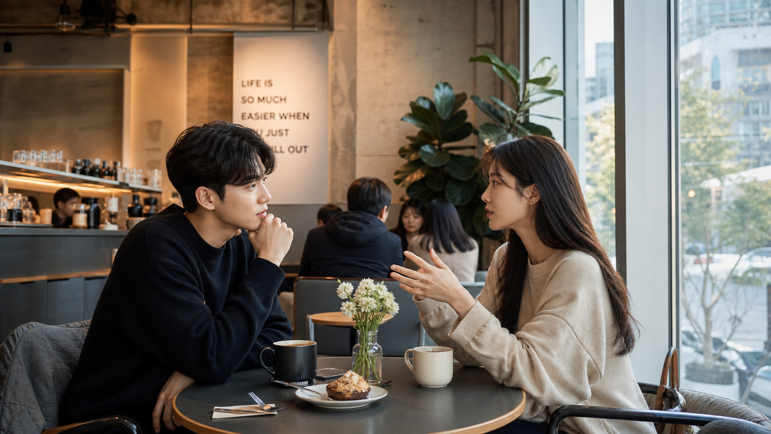 카페에서 커피를 마시며 진지한 대화를 나누는 젊은이들