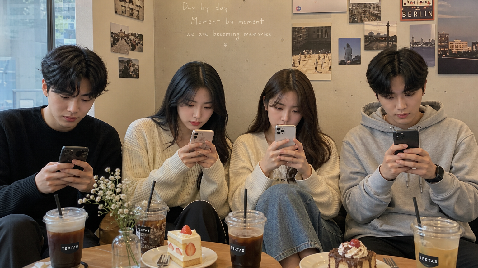 스마트폰에 집중하며 서로 소통하는 친구들