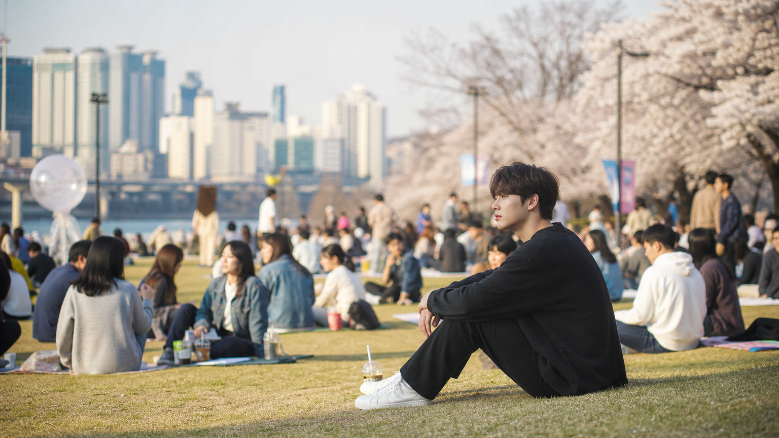 도시 공원에 앉아 혼자 있는 젊은이