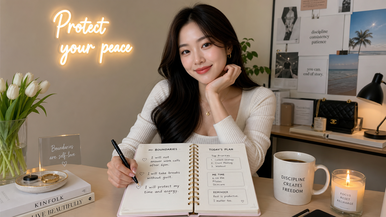 명확한 계획표 앞에 앉아 있는 자신감 넘치는 여성