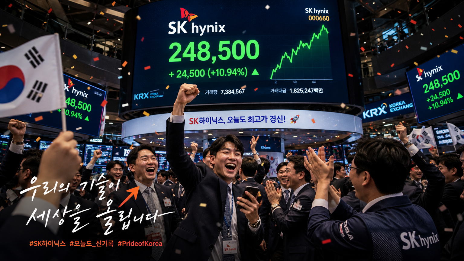 상승하는 하이닉스 주식을 보며 성공을 축하하는 한국 증권 거래소 트레이더들