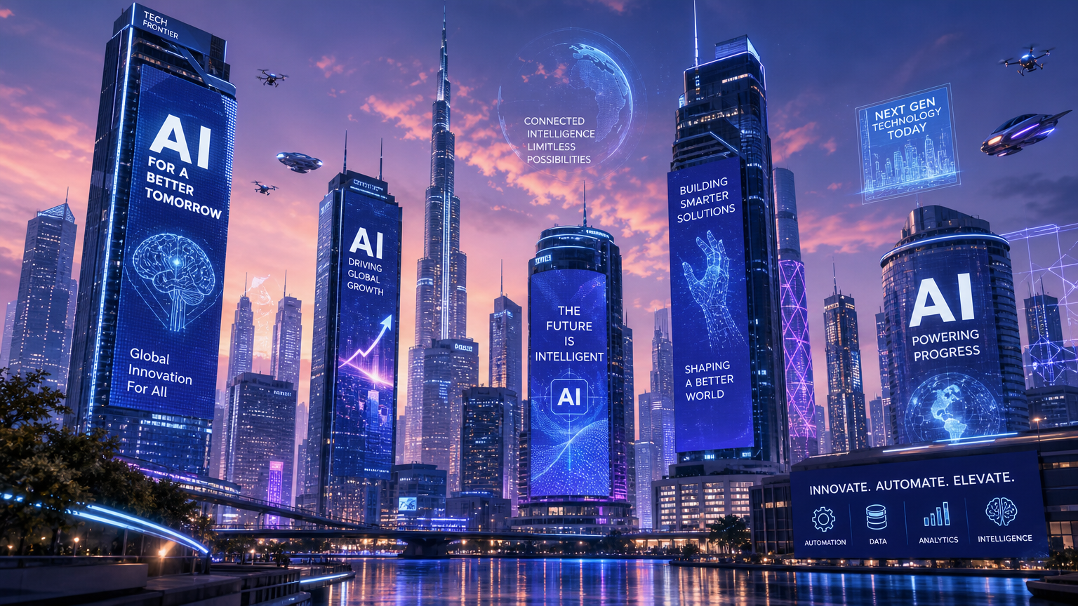 AI 발전을 보여주는 디지털 배너가 장식된 미래 지향적인 도시 스카이라인