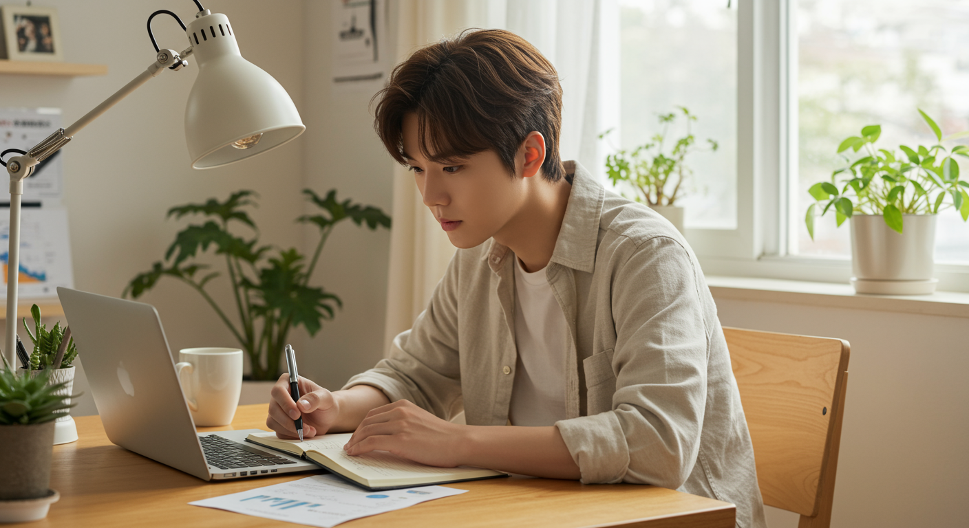 아늑한 홈오피스에서 재정 계획을 세우고 있는 사람