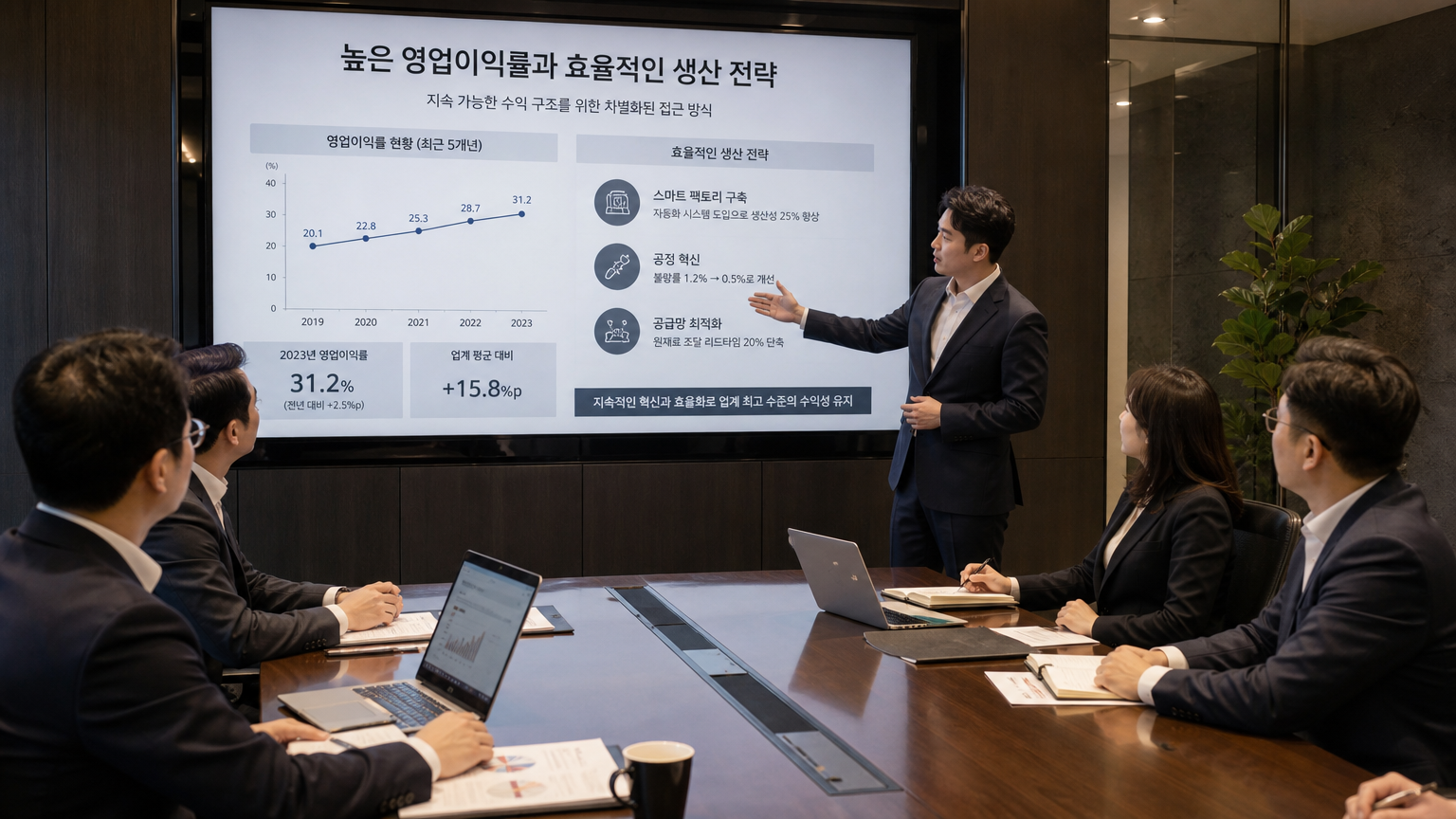 깔끔한 회의실에서 수익 전략을 논의하는 사업 회의 장면