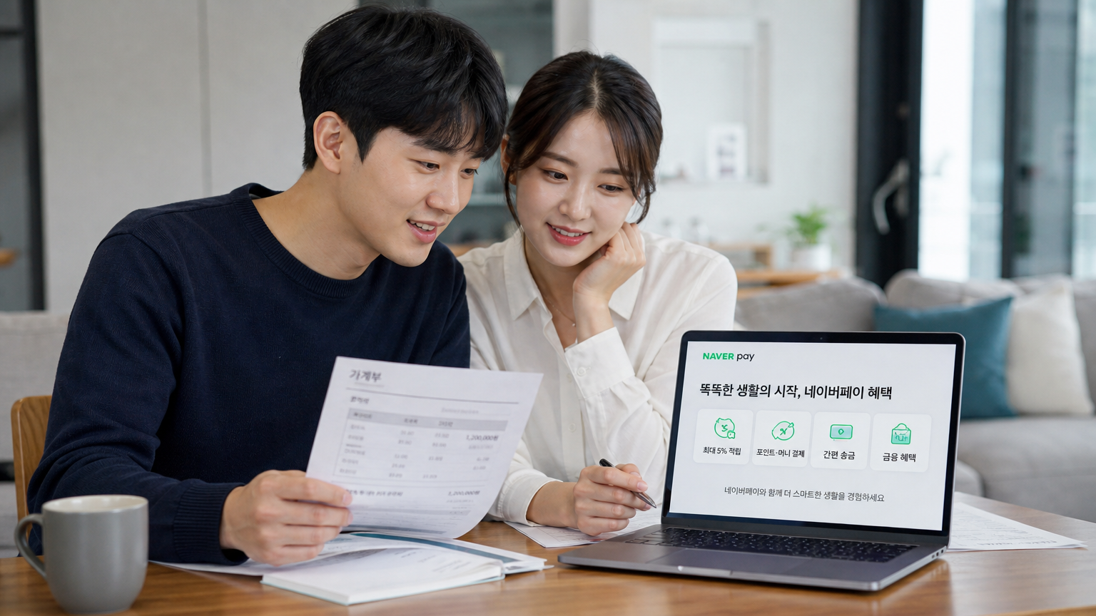 현대식 거실에서 금융 문서를 검토하며 네이버페이 혜택을 확인하는 모습