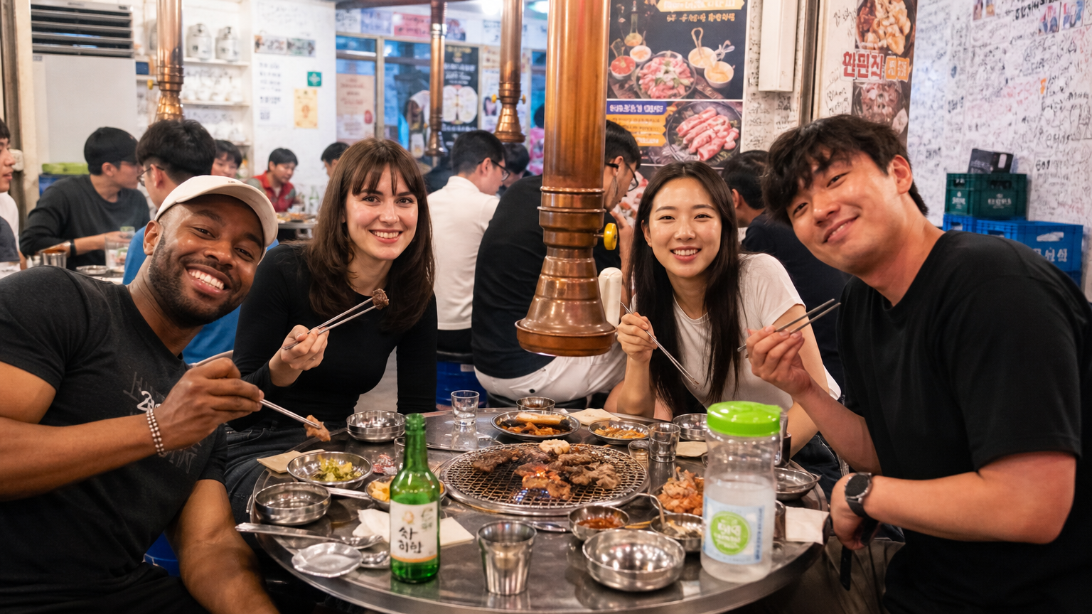 다양한 국적의 관광객들이 즐기는 북적이는 한국 BBQ 식당 모습