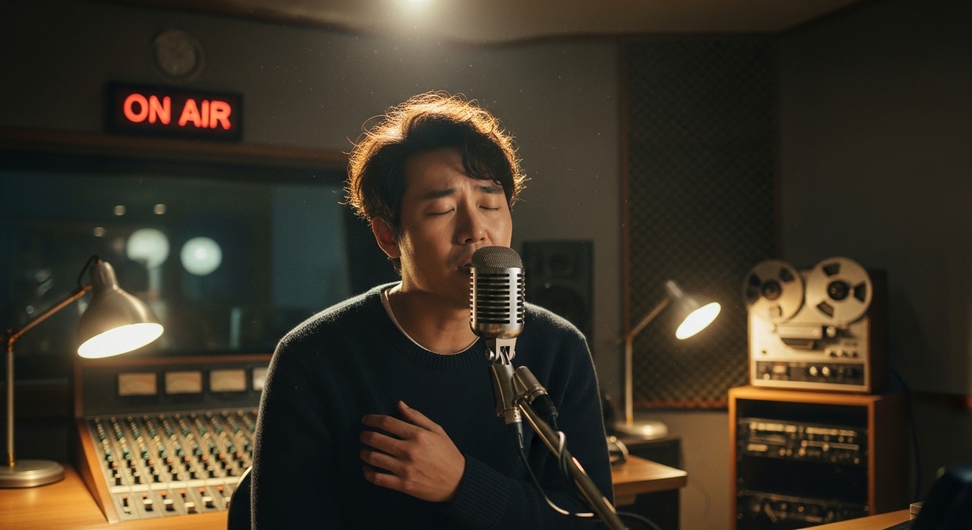 라디오 스튜디오에서 빈티지 마이크로 부드럽게 노래하는 남자의 모습