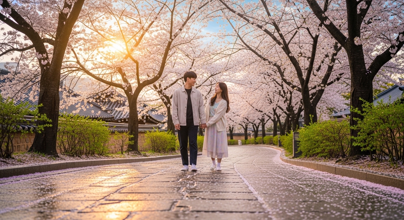 봄날 벚꽃나무 아래서 손을 잡고 걷는 젊은 커플의 로맨틱한 장면