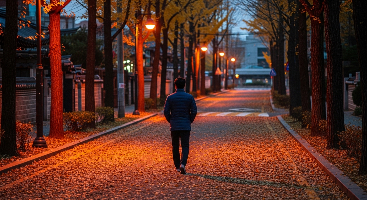 고즈넉한 가을 거리에서 혼자 걷는 남자의 모습과 따뜻한 조명