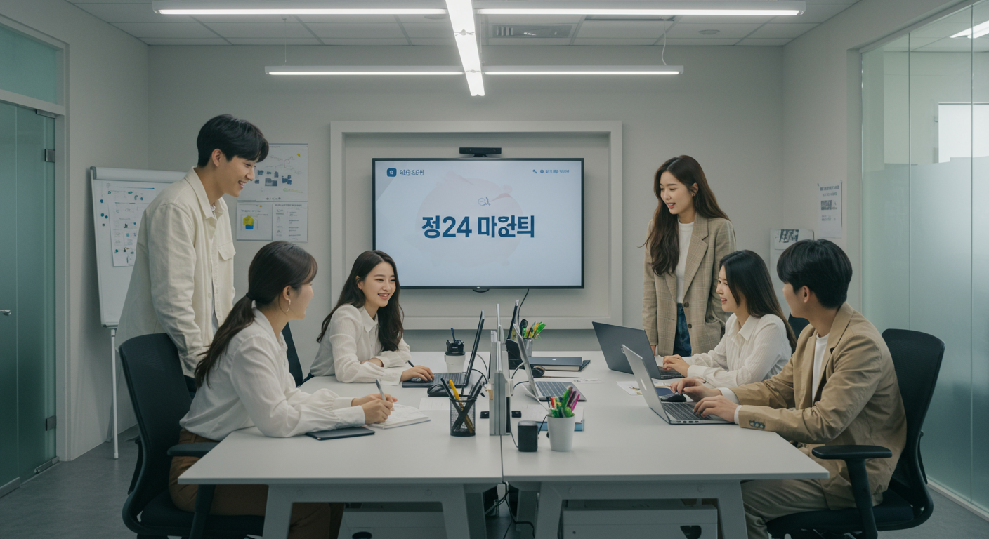 젊은 직장인들이 사무실에서 '고용24 포털' 화면을 보며 토론하는 모습