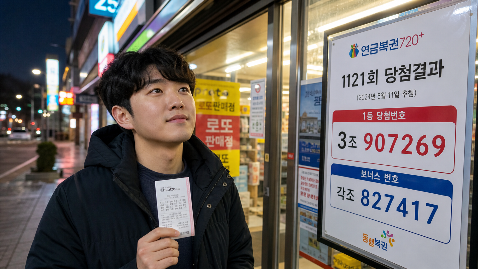 편의점 앞에서 복권을 들고 있는 사람의 기대와 희망 가득한 모습