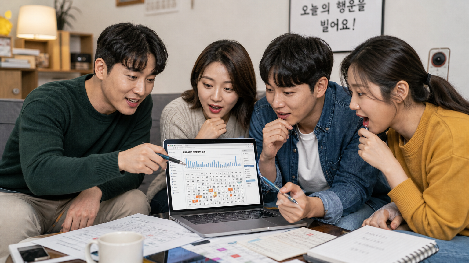 집에서 노트북으로 과거 로또 번호 빈도 차트를 분석하며 전략을 논의하는 친구들