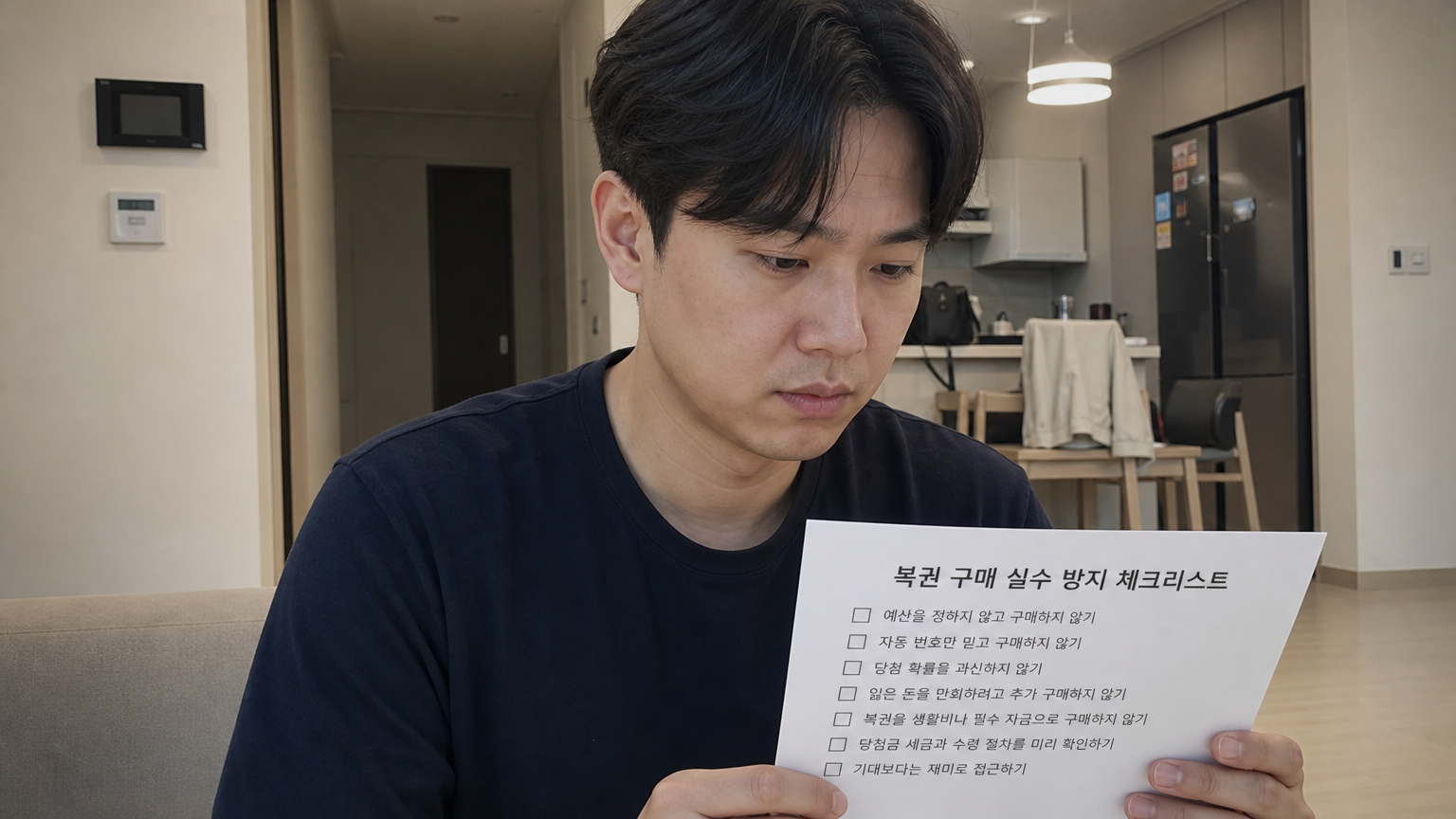 현대적인 아파트에서 로또 구매 시 피해야 할 실수를 체크하는 모습