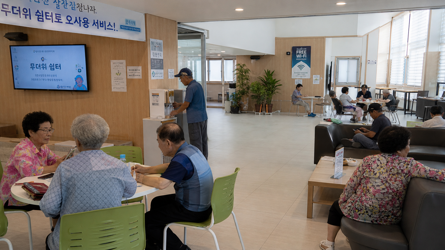 냉방 쉼터로 운영되는 커뮤니티 센터에서 쉬고 있는 시민들