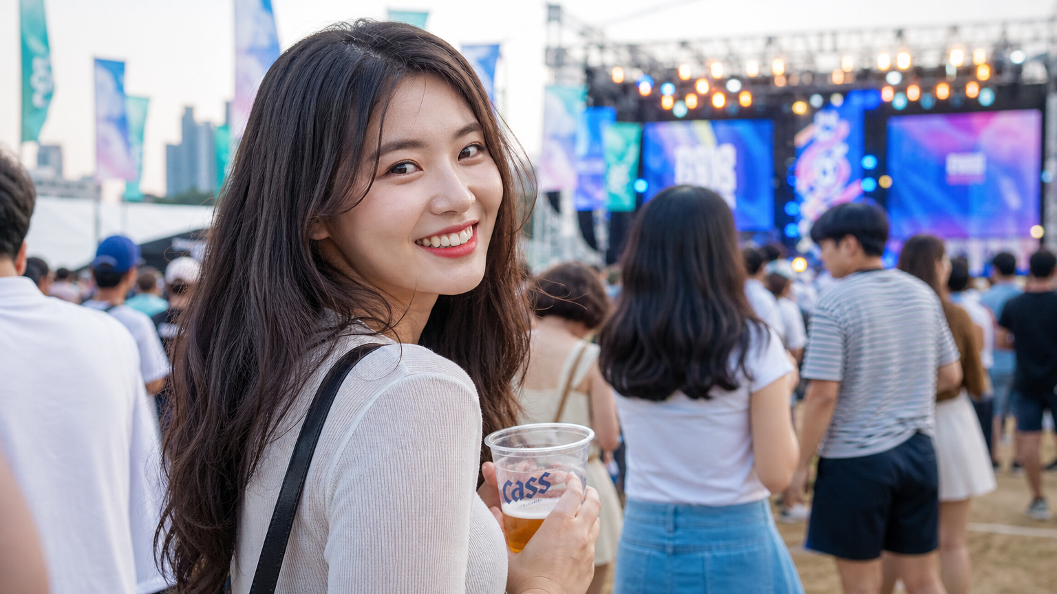 활기찬 야외 페스티벌 현장에서 즐거워하는 현대적인 관람객