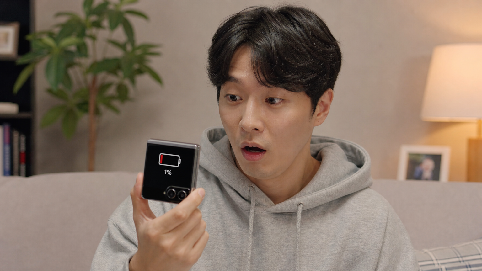 젊은 남성이 집 안에서 빠르게 닳는 배터리를 보고 놀란 모습
