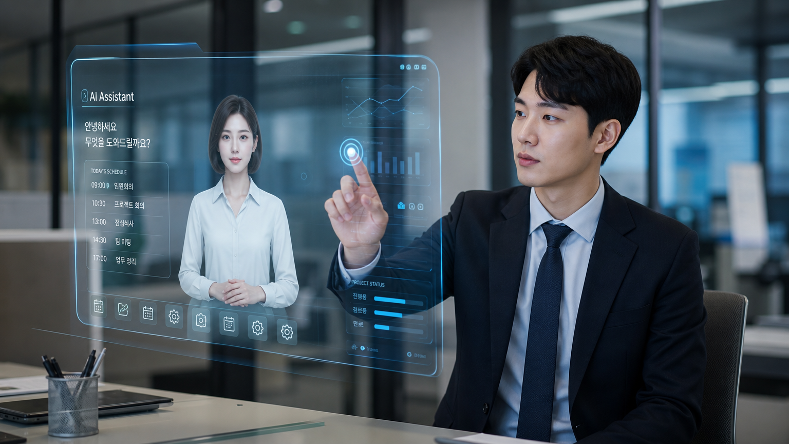 현대 사무실에서 가상 AI 비서와 상호작용하는 직장인의 모습