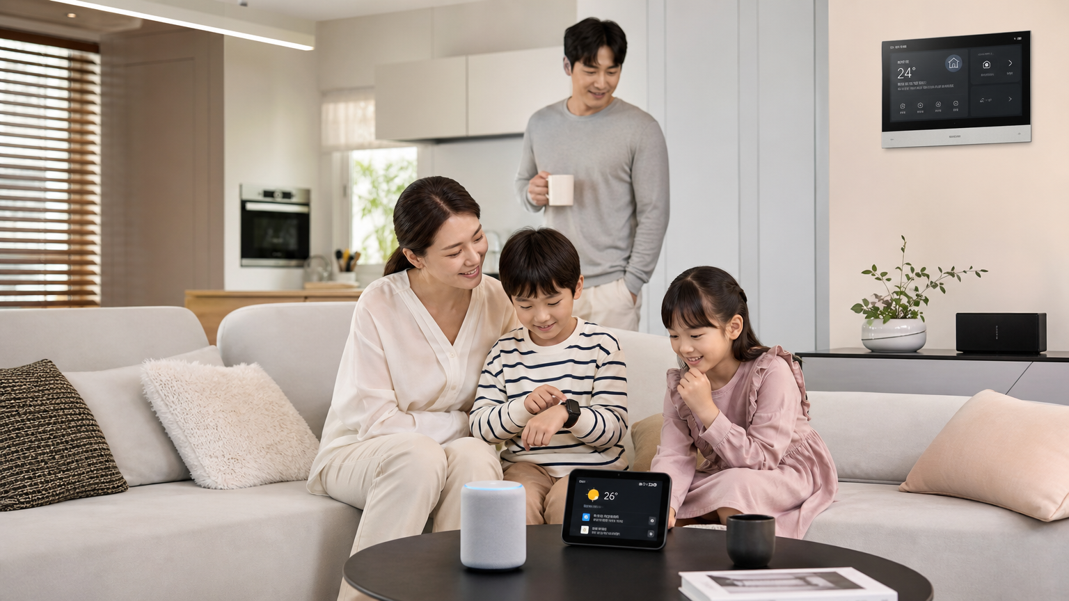엣지-AI를 활용한 스마트 홈 기기를 사용하는 가족의 모습