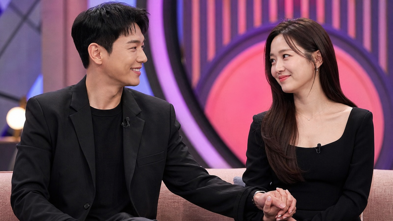 현대적인 스튜디오에서 다정하게 손을 잡고 미소 짓는 연예인 커플