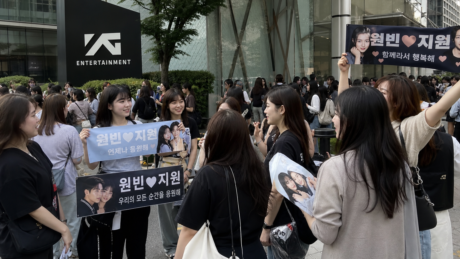 엔터테인먼트 사무실 앞에서 응원 배너를 들고 있는 팬들의 모습