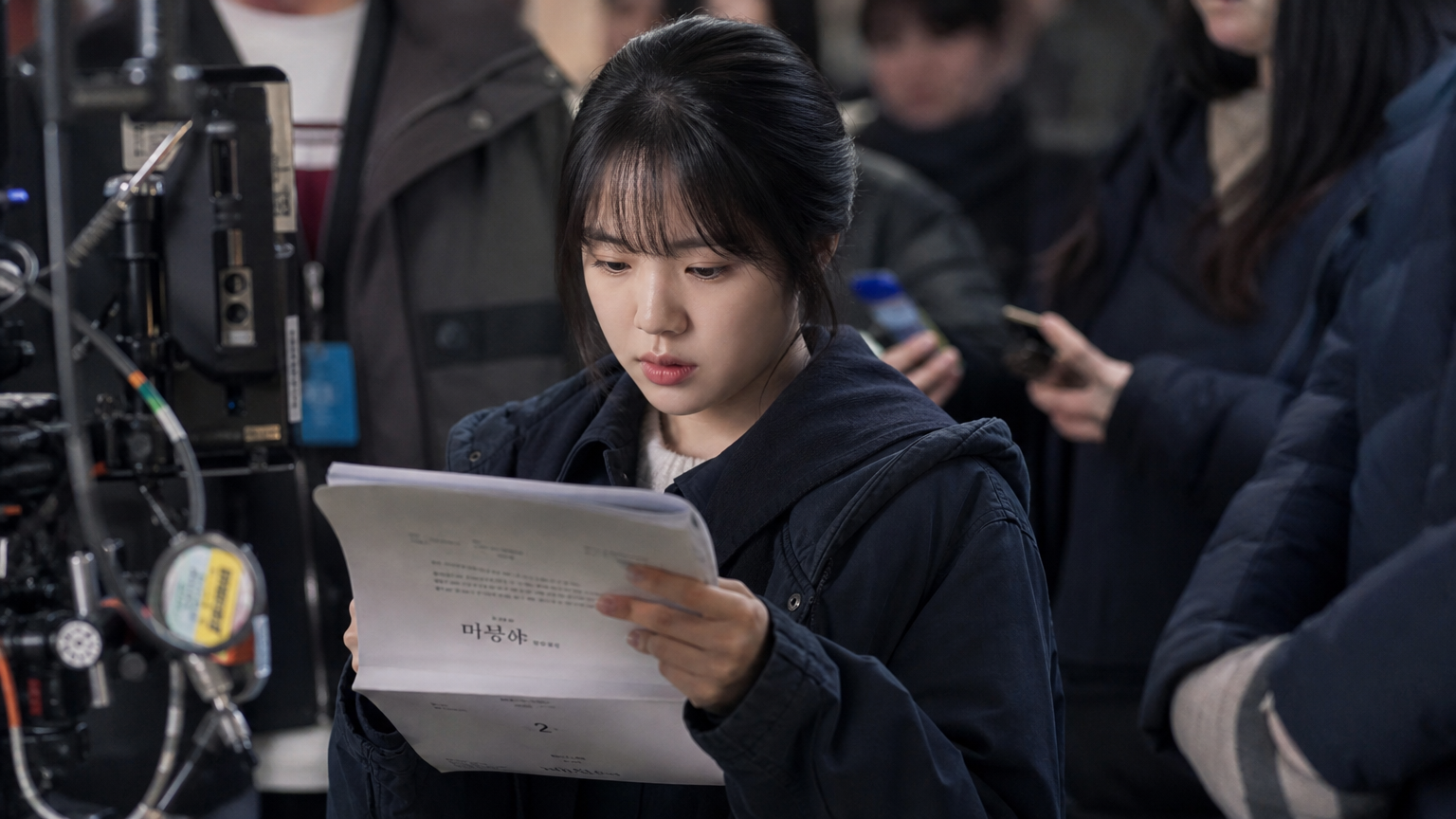 배우 김향기가 드라마 세트장에서 대본을 읽고 있는 모습