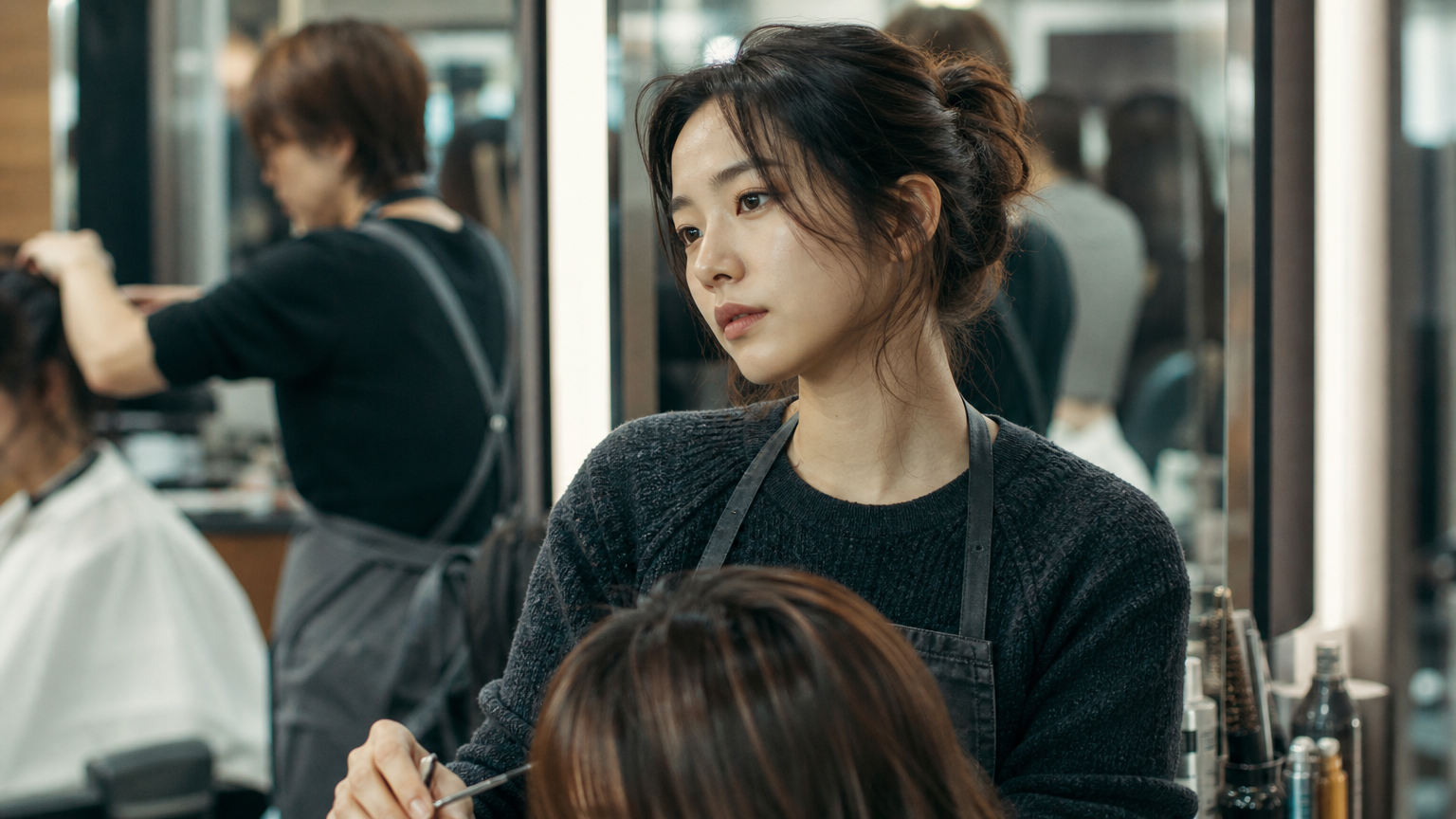 분주한 미용실 환경에서 내성적인 캐릭터를 연기하는 배우의 사려 깊은 표정